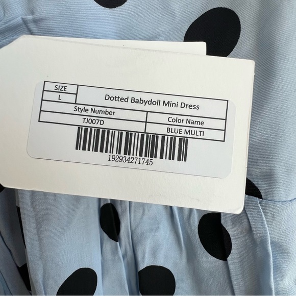 New English Factory Dotted BabyDoll Mini Dress Blie Puff Sleeve Large prairie - Picture 8 of 14